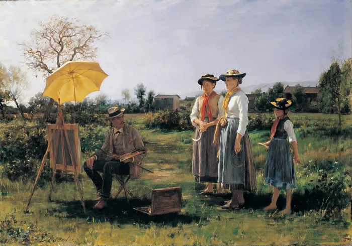 Framed Print : Cosola Demetrio, The Peasant Girls and the Painter (Self-portrait), 1892, 19th Century, oil on canvas