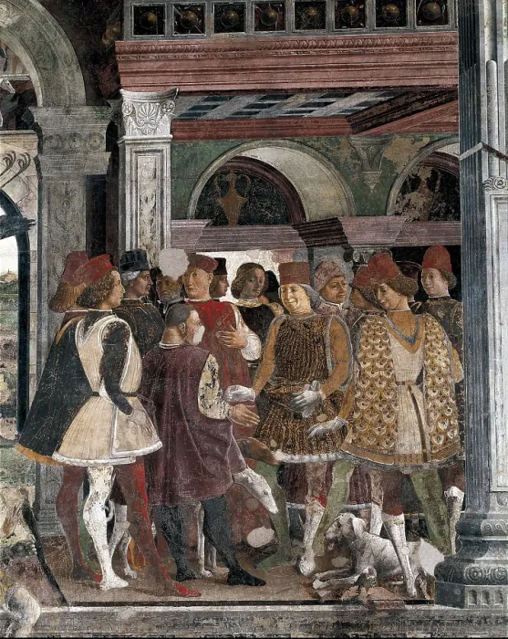 Framed Print : COSSA, Francesco del (1435-1478). The Month of April. 1469-1470. ITALY. Ferrara. Schifanoia Palace. Detail: the court of Duke of Ferrara Framed Print : COSSA, Francesco del (1435-1478). The Month of April. 1469-1470. ITALY. Ferrara. Schifanoia Palace. Detail: the court of Duke of Ferrara