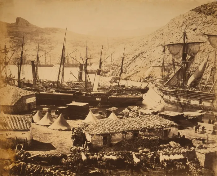 Framed Print : COSSACK BAY, BALAKLAVA, 1855. Photo by Roger Fenton showing equipment and supplies for British forces in Crimean War