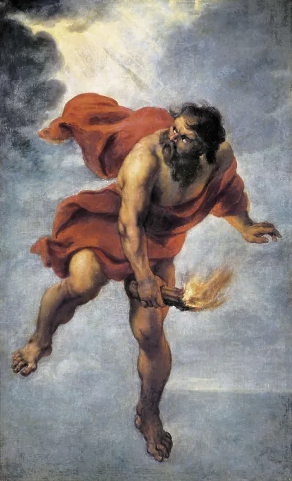 Framed Print : COSSIERS, Jan (1600-1671). Pormetheus Carrying Fire. mid. 17th c. He gets down from the heaven carrying the fire that he just stole from the sun. Flemish art. Oil on canvas