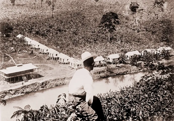 Framed Print : Costa Rican banana plantation has a traditional big house and small worker's quarters. Ca. 1910 Framed Print : Costa Rican banana plantation has a traditional big house and small worker's quarters. Ca. 1910