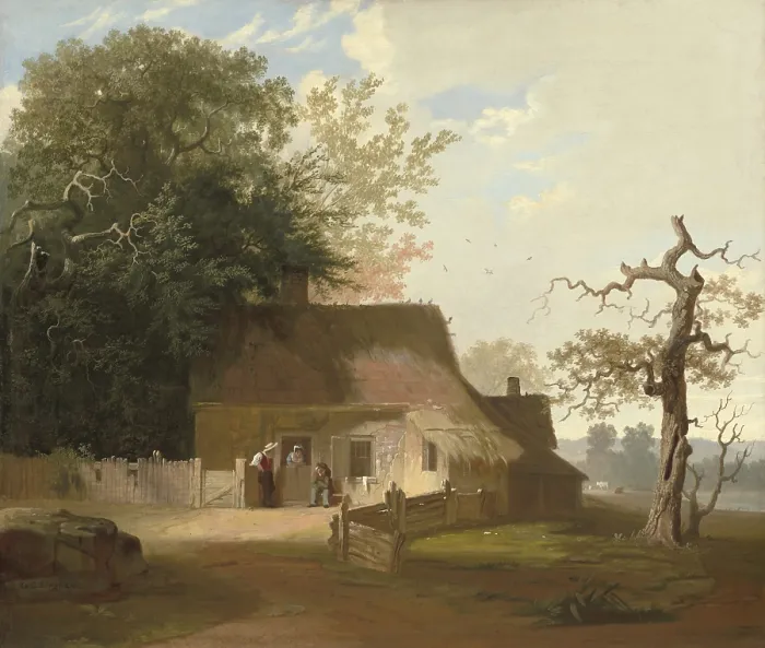 Framed Print : Cottage Scenery, by George Caleb Bingham, 1845, American painting, oil on canvas. The scene of two men and a women in conversation before a tree sheltered house