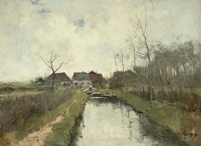 Framed Print : Cottages near a Ditch, by Anton Mauve, 1870-88, Dutch painting, oil on canvas. Polder landscape in the low-lying land reclaimed from the sea in the Netherlands. (BSLOC_2016_1_187)