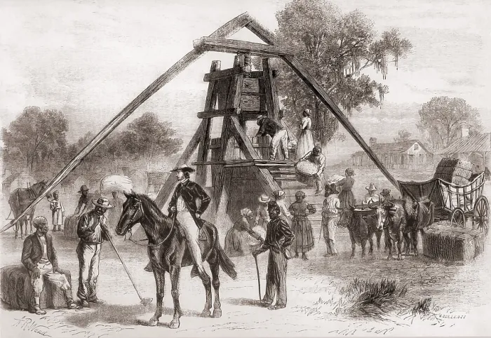Framed Print : Cotton press in operation in the South after the U.S. Civil War
