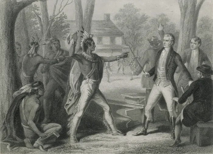Framed Print : A council was arranged between Shawnee chief Tecumseh and American general and Territorial Governor, William Henry Harrison, July 27, 1811