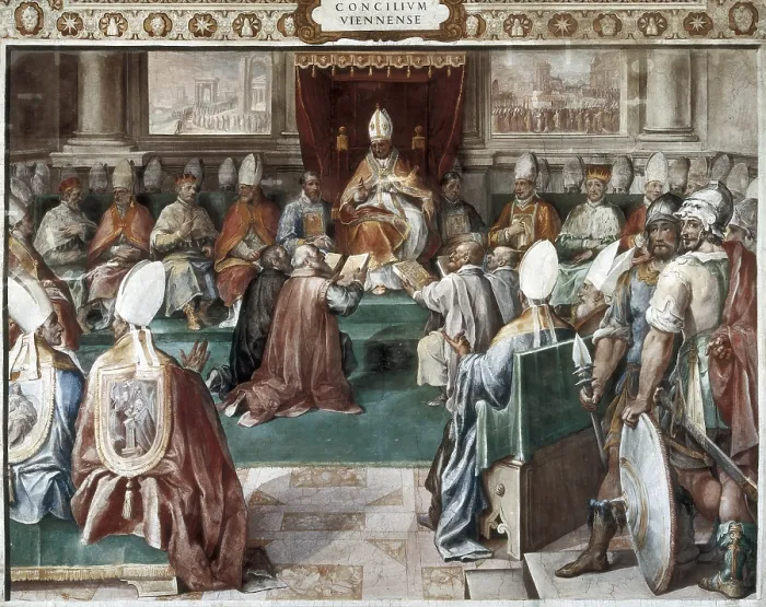Framed Print : Council of Vienne (1311), convened by the Pope Clement V under pressure of the king Philip IV of France to suppress the Order of the Temple. Painting by Cesare Nebbia (1536-1614)