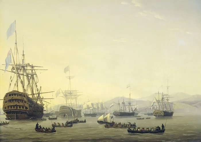 Framed Print : Council of War on board the Queen Charlotte, commanded by Lord Exmouth, prior to the Bombardment of Algiers, 1816, by Nicolaas Baur, 1818, Dutch painting