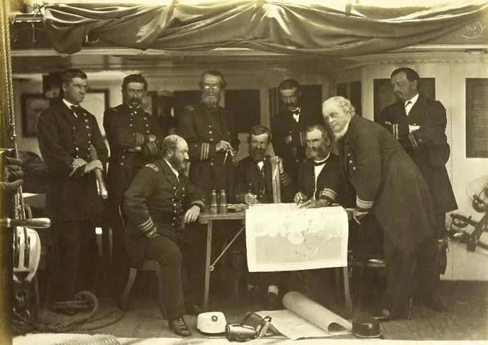 Framed Print : Council of War on USS COLORADO, after it was shelled by Korean shore batteries on June 1, 1871