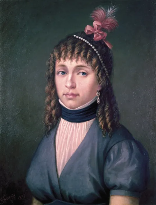 Framed Print : The Countess Adelaide Advances (mother of Giacomo Leopardi), 19th Century, by S. Ferrazzi, oil on canvas - Italy, Marche, Recanati, Leopardi Palace. Whole artwork view