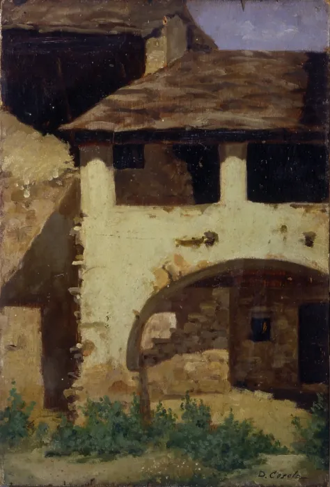 Framed Print : Country House (Casa di campagna), by Demetrio Cosola, 1870 - 1895, 19th Century, oil on board - Private collection. Whole artwork view. Sight of the courtyard of a homestead
