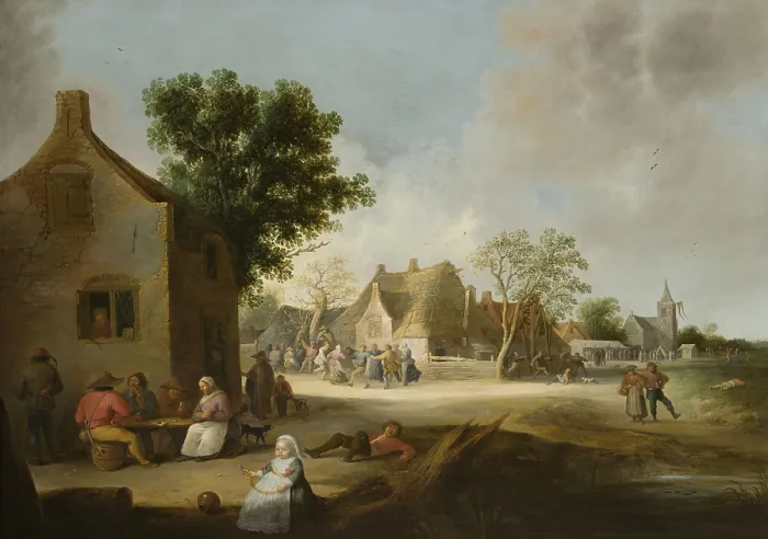Framed Print : Country Kermis, by Pieter de Bloot, 1639, Dutch painting, oil on panel. Famers festival in a village results with smokers, drinkers, dancers and drunkards
