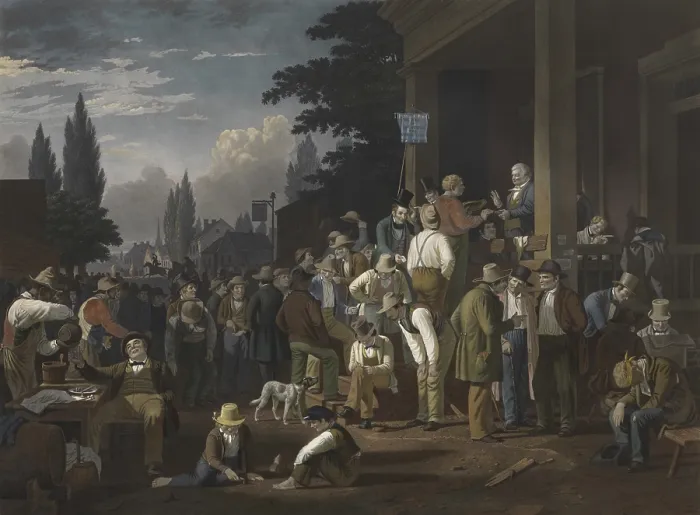 Framed Print : The County Election, 1854 hand-colored engraving by John W. Sartain, after the 1852 original oil painting by George Caleb Bingham Framed Print : The County Election, 1854 hand-colored engraving by John W. Sartain, after the 1852 original oil painting by George Caleb Bingham