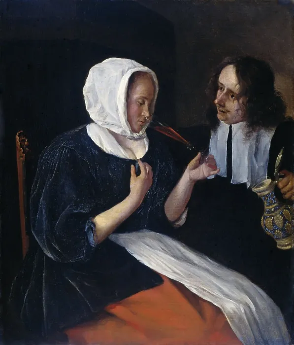 Framed Print : A Couple Drinking, by Jan Steen, 1660-79, Dutch painting, oil on panel. A young man with a jug of wine is seated next to a young woman taking a sip from a flute glass