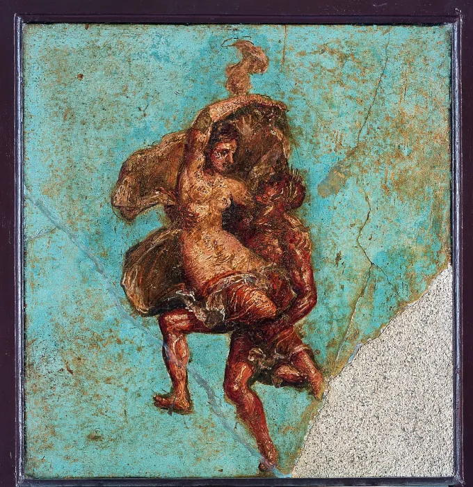 Framed Print : Couple in Flight, by unknown artist, 62-79, 1st Century A.D. ripped fresco, 47 x 44 cm - Italy, Campania, Naples, National Archaeological Museum, Room LXXII, inv. 9134 Framed Print : Couple in Flight, by unknown artist, 62-79, 1st Century A.D. ripped fresco, 47 x 44 cm - Italy, Campania, Naples, National Archaeological Museum, Room LXXII, inv. 9134