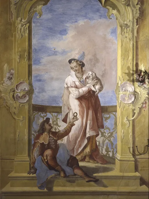 Framed Print : Couple with Little Dog, by Jacopo Guarana, ca. 1770, 18th Century, fresco - Italy, Venice, Cinto Euganeo, Valnogaredo, Contarini Rota Villa. Detail. Woman and man with a dog Framed Print : Couple with Little Dog, by Jacopo Guarana, ca. 1770, 18th Century, fresco - Italy, Venice, Cinto Euganeo, Valnogaredo, Contarini Rota Villa. Detail. Woman and man with a dog