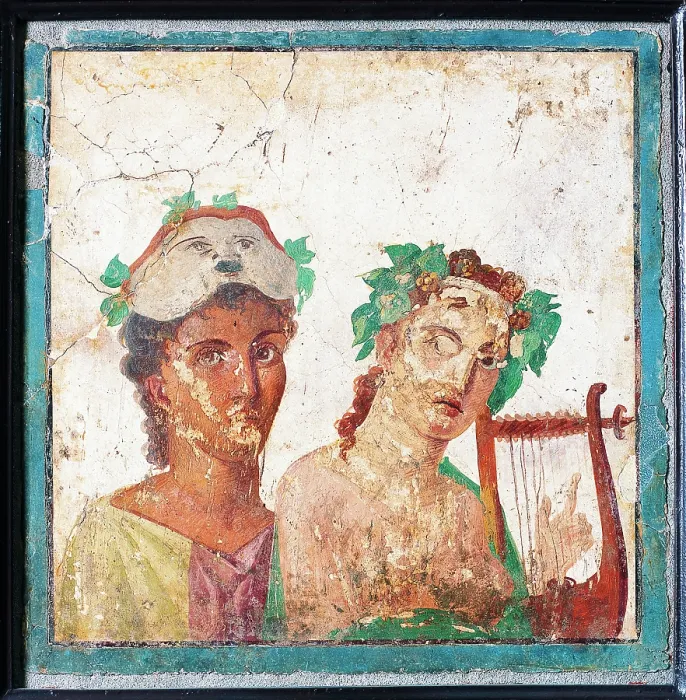Framed Print : Couple with Masks, by unknown artist, 45-79, 1st Century A.D. ripped fresco, 46 x 46 cm - Italy, Campania, Naples, National Archaeological Museum, Room LXVIII, inv. 9079 Framed Print : Couple with Masks, by unknown artist, 45-79, 1st Century A.D. ripped fresco, 46 x 46 cm - Italy, Campania, Naples, National Archaeological Museum, Room LXVIII, inv. 9079