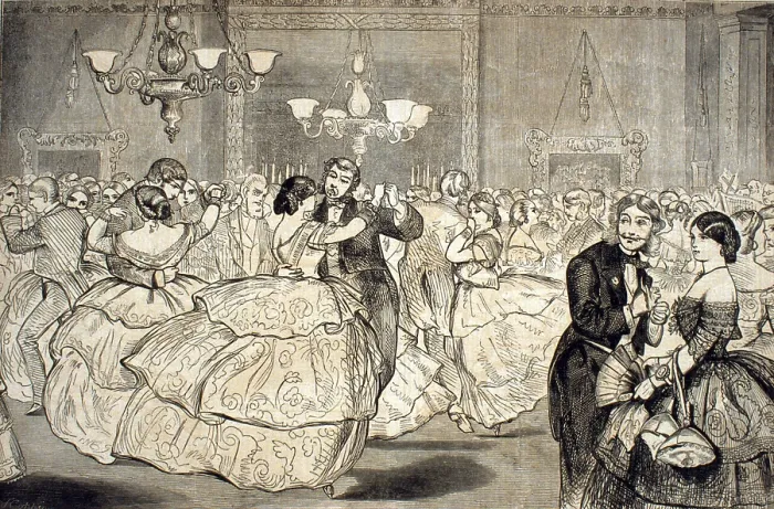 Framed Print : Couples dancing in ballroom in formal dress, 1858