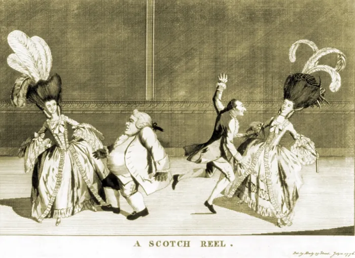 Framed Print : Two couples dancing a Scottish reel. The ladies wear the monstrous feathered coiffures then fashionable. Ca. 1775