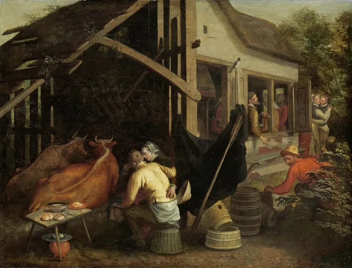 Framed Print : Couples Making Love at a Country Inn, by Aert Pietersz, c. 1570-90, Dutch painting, oil on panel. The couple foreground embrace in a cowshed behind a curtain