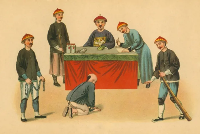Framed Print : Court Hearing in Imperial China. Defendant kneels under guard before a magistrate. Ca. 1800
