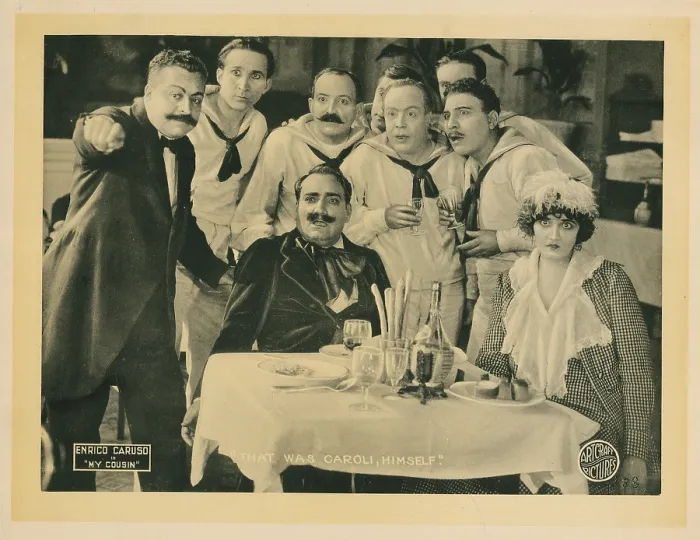 Framed Print : MY COUSIN, lobbycard, Enrico Caruso (sitting, center), 1918