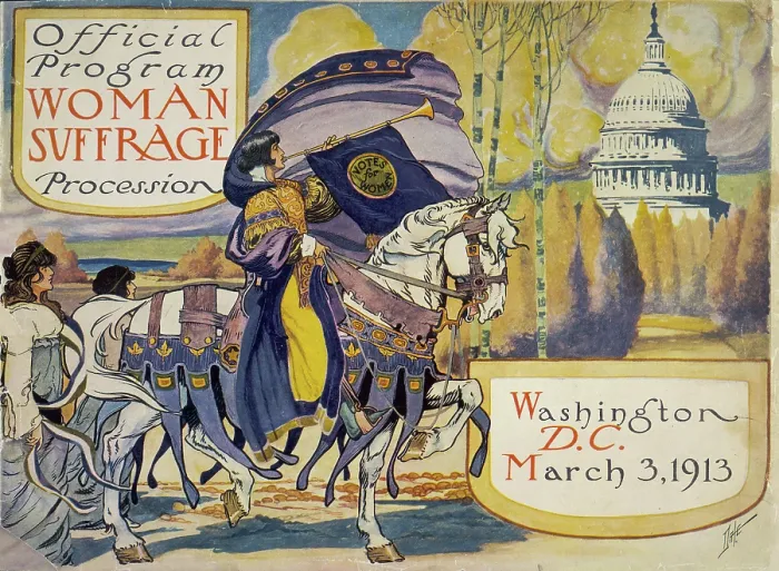 Framed Print : Cover of program for the National American Women's Suffrage Association procession, showing woman, in elaborate attire, with cape, blowing long horn