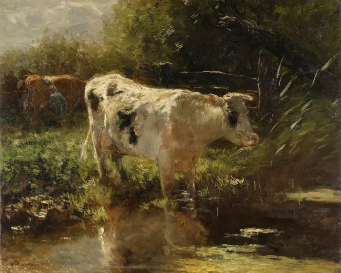 Framed Print : Cow Beside a Ditch, by Willem Maris, c. 1885-95, Dutch painting, oil on canvas. In the background, a farmer milks a cow in the field. (BSLOC_2016_1_308)