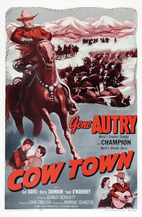 Framed Print : COW TOWN, US poster art, from left: Gene Autry, Jock Mahoney, Gail Davis, Gene Autry, 1950