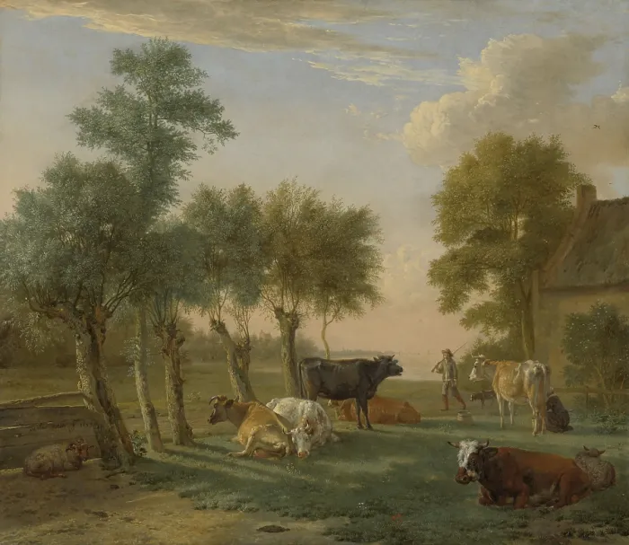 Framed Print : Cows in a Meadow near a Farm, by Paulus Potter, 1653, Dutch painting, oil on canvas. The long shadows indicate a low sun, as the cows and sheep take their afternoon rest