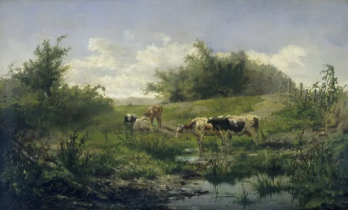 Framed Print : Cows at a Pond, by Gerard Bilders, 1856-58, Dutch painting, oil on panel. (BSLOC_2016_1_314)