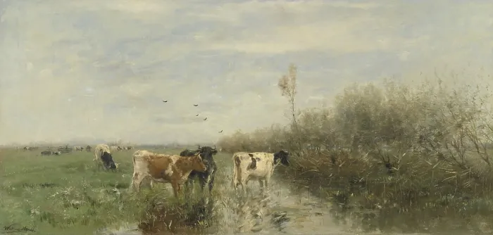 Framed Print : Cows in a Soggy Meadow, by Willem Maris, c. 1860-1900, Dutch painting, oil on panel. Landscape with grazing cows in a marshy polder pasture. (BSLOC_2016_1_296)