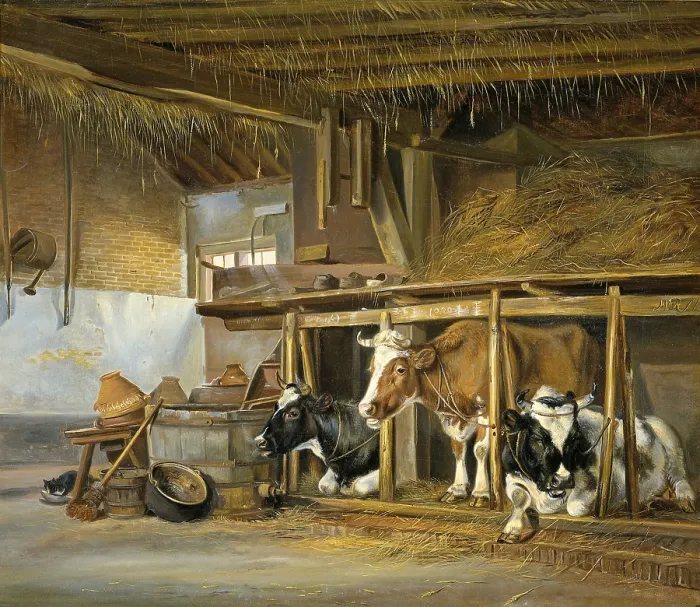 Framed Print : Cows in a Stable, by Jan van Ravenswaay, 1820, Dutch painting, oil on canvas. Barn interior with three cows in stalls under a hay loft Framed Print : Cows in a Stable, by Jan van Ravenswaay, 1820, Dutch painting, oil on canvas. Barn interior with three cows in stalls under a hay loft