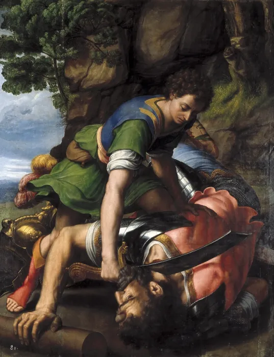 Framed Print : COXCIE, Michel (1499-1592). SPAIN. San Lorenzo de El Escorial. Royal Monastery of San Lorenzo de El Escorial. David beheading Goliath. C16th. Flemish art. Painting. - P Framed Print : COXCIE, Michel (1499-1592). SPAIN. San Lorenzo de El Escorial. Royal Monastery of San Lorenzo de El Escorial. David beheading Goliath. C16th. Flemish art. Painting. - P