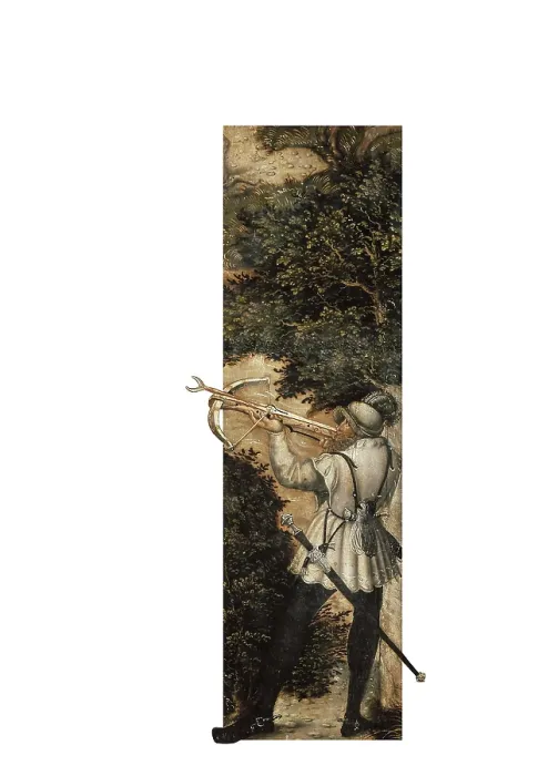 Framed Print : Cranach, Lucas, 'the Elder' (1472-1553). Hunt in Honour of Charles V at the Castle of Torgau. 1544. Central lower detail: a crossbowman. Renaissance art. Oil on wood