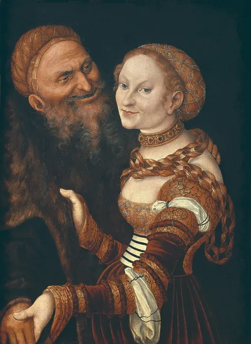 Framed Print : Cranach, Lucas, 'the Elder' (1472-1553). The Courtesan and the Old Man. 1st half 16th c. German school. Renaissance art. Oil on wood. FRANCE. Besanon