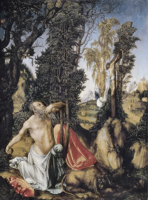 Framed Print : Cranach, Lucas, 'the Elder' (1472-1553). Saint Jerome Penitent (Der bUssende hl. Hieronymus). 1502. Renaissance art. Oil on wood. AUSTRIA. Vienna