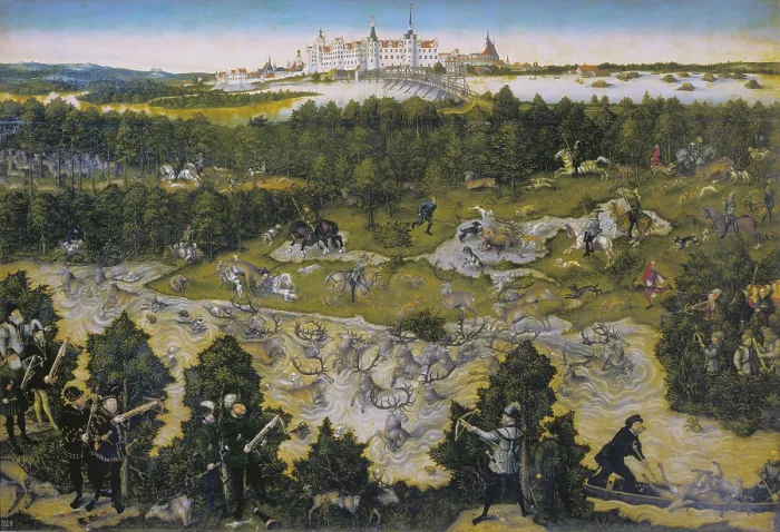Framed Print : Cranach, Lucas, 'the Elder' (1472-1553). Hunt in Honour of Charles V at the Castle of Torgau. 1544. Deer hunting and hounding towards the water