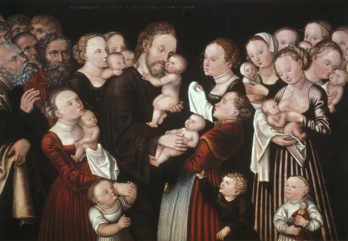 Framed Print : Cranach, Lucas, 'the Elder' (1472-1553). Jesus and the Children. 1st half 16th c. German school. Renaissance art. Oil on wood. SWITZERLAND. Winterthur