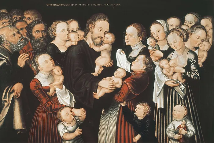 Framed Print : Cranach, Lucas, 'the Elder' (1472-1553). Jesus and the Children. 1st half 16th c. German school. Renaissance art. Oil on wood. SWITZERLAND. Winterthur