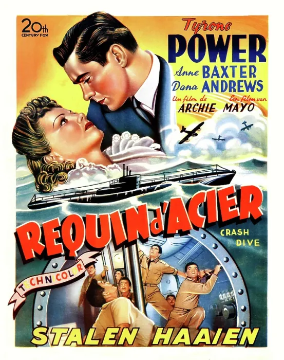 Framed Print : CRASH DIVE (aka REQUIN D'ACIER), Anne Baxter, Tyrone Power, (Belgian poster art), 1943. TM and Copyright 20th Century Fox Film Corp