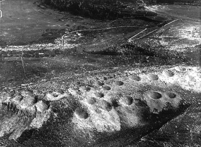 Framed Print : Craters on Combres Hill, France, created by World War I bombs and artillery fire. Ca. 1918-1919