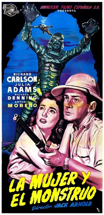 Framed Print : CREATURE FROM THE BLACK LAGOON, (aka LA MUJER Y EL MONSTRUO), foreground from left on Spanish poster art: Julie Adams, Richard Carlson, 1954 Framed Print : CREATURE FROM THE BLACK LAGOON, (aka LA MUJER Y EL MONSTRUO), foreground from left on Spanish poster art: Julie Adams, Richard Carlson, 1954