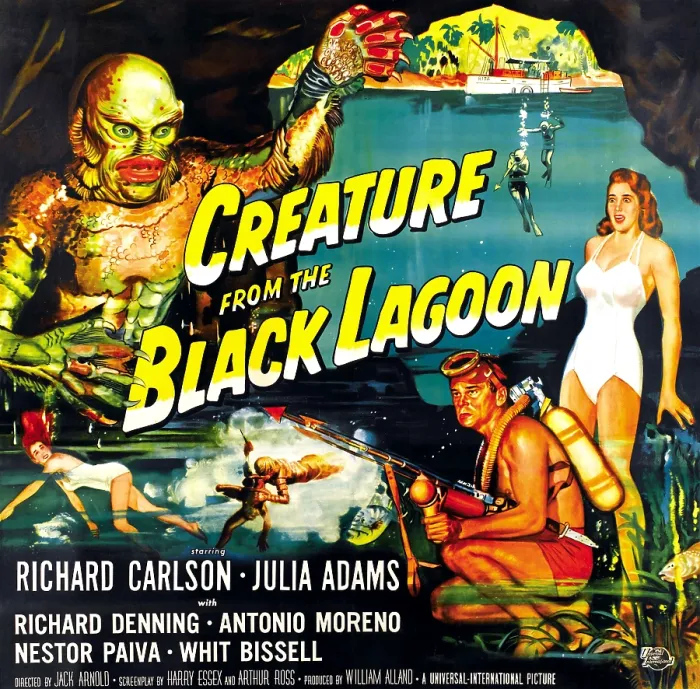 Framed Print : CREATURE FROM THE BLACK LAGOON, as the Creature, upper left: Ben Chapman (on land), Ricou Browning (underwater); bottom right, from left: Richard Carlson Framed Print : CREATURE FROM THE BLACK LAGOON, as the Creature, upper left: Ben Chapman (on land), Ricou Browning (underwater); bottom right, from left: Richard Carlson