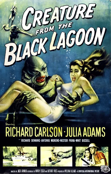 Framed Print : CREATURE FROM THE BLACK LAGOON, as the Creature': Ben Chapman, Ricou Browning; the girl: Julia Adams (aka Julie Adams'); bottom right picture Framed Print : CREATURE FROM THE BLACK LAGOON, as the Creature': Ben Chapman, Ricou Browning; the girl: Julia Adams (aka Julie Adams'); bottom right picture