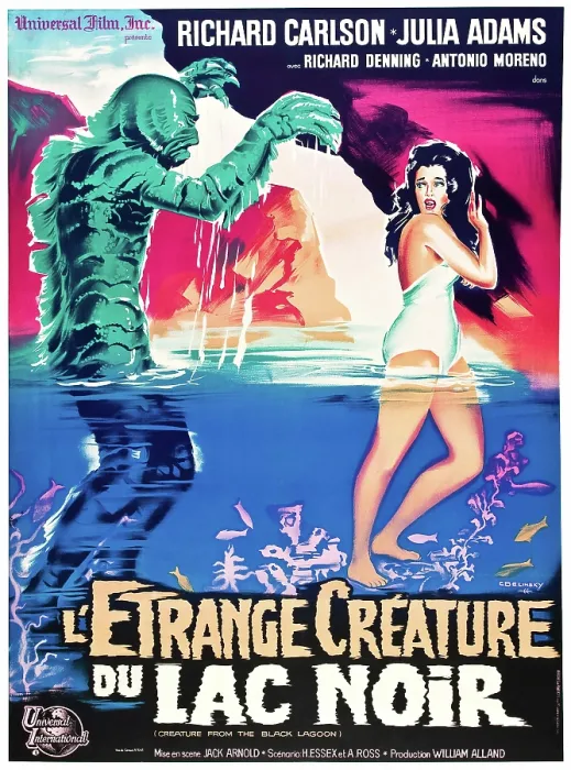 Framed Print : CREATURE FROM THE BLACK LAGOON, French poster, from left: the Creature, played by Ben Chapman and Ricou Browning, Julia Adams (aka Julie Adams); 1954 Framed Print : CREATURE FROM THE BLACK LAGOON, French poster, from left: the Creature, played by Ben Chapman and Ricou Browning, Julia Adams (aka Julie Adams); 1954