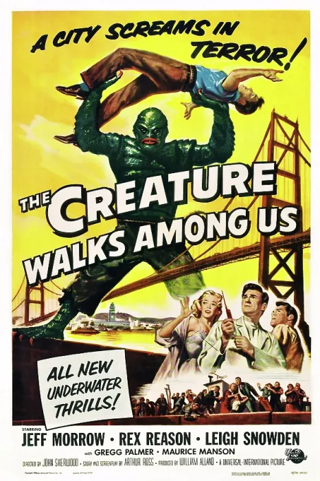 Framed Print : THE CREATURE WALKS AMONG US, Don Megowan (as the Creature') holding up Jeff Morrow; bottom right, from left: Leigh Snowden, Jeff Morrow, Rex Reason, 1956, poster art