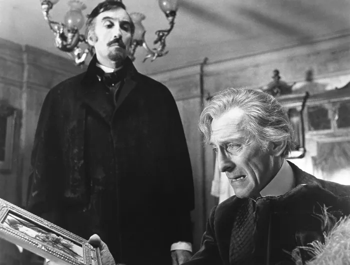Framed Print : THE CREEPING FLESH, from left: Christopher Lee, Peter Cushing, 1973