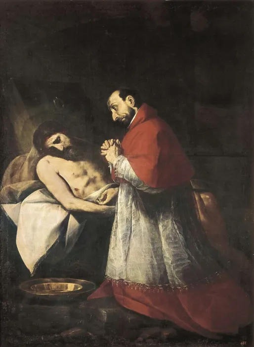 Framed Print : Crespi, Giovanni Battista (1575-1632). Saint Charles Borromeo before dead Christ. 1610. The Saint is on his knees, meditating, before reclining Christ. Mannerism art Framed Print : Crespi, Giovanni Battista (1575-1632). Saint Charles Borromeo before dead Christ. 1610. The Saint is on his knees, meditating, before reclining Christ. Mannerism art