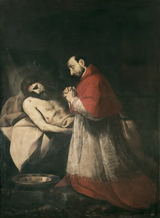 Framed Print : Crespi, Giovanni Battista (1575-1632). Saint Charles Borromeo before Dead Christ. 1610. The Saint is on his knees, meditating, before reclining Christ. Mannerism art Framed Print : Crespi, Giovanni Battista (1575-1632). Saint Charles Borromeo before Dead Christ. 1610. The Saint is on his knees, meditating, before reclining Christ. Mannerism art
