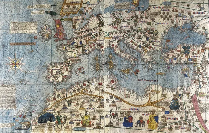Framed Print : CRESQUES, Jafuda (1350-1410); CRESQUES, Abraham ( -1381). Catalan Atlas. 1375. Mediterranean Sea, Europe and Northern Africa. SPAIN. Madrid. Navy Museum